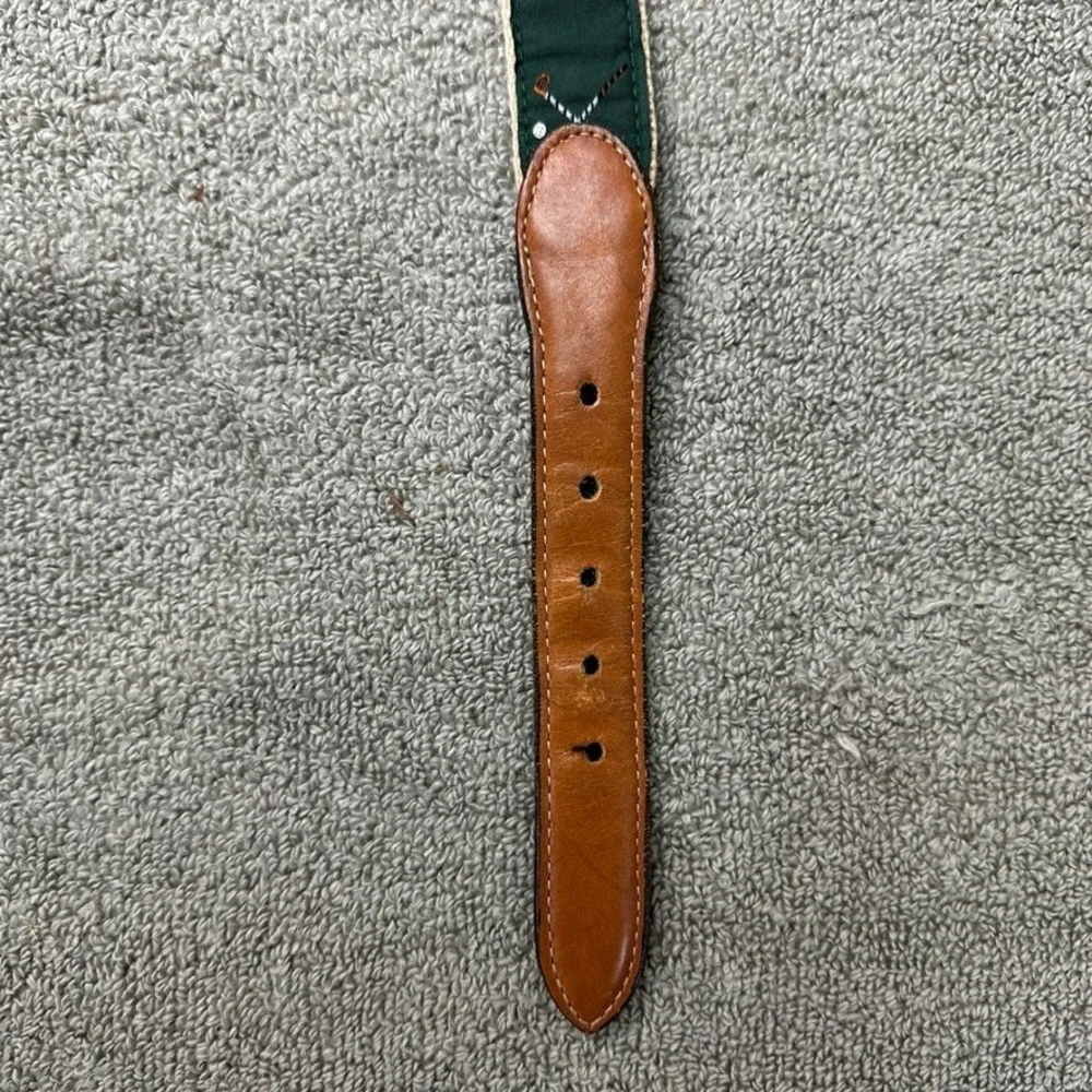 Barrons-Hunter Golf Motif Canvas Leather Belt Green Tan Solid Brass Buckle USA